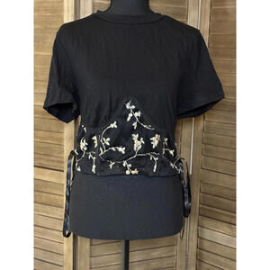 Black Short Sleeve Plus-Size Top with Embroidered Floral Lace-Up Detail